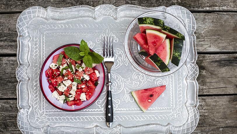 Der Melone-Feta-Salat. Der Melone-Feta-Salat.