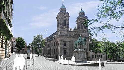 So könnte der aufgeräumte Egidienplatz aussehen: Dieser Vorschlag belässt das Standbild, verbannt aber die Autos. So könnte der aufgeräumte Egidienplatz aussehen: Dieser Vorschlag belässt das Standbild, verbannt aber die Autos.