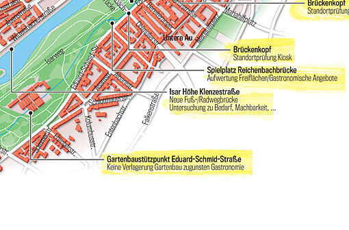 neue Fuß- und Radwege sind an der Isar auf Höhe der Klenzestraße in Planung, gastronomische Angebote sollen beim Spielplatz an der Reichanbachbrücke Platz finden.