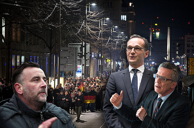 Bundesjustizminister Heiko Maas (m.) und Bundesinnenminister Thomas de Maiziere (r.) warnten in den letzten Tagen vor der fremdenfeindlichen Pegida-Bewegung mit Lutz Bachmann (l.).