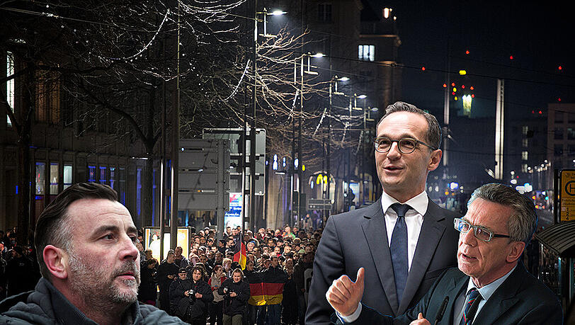 Bundesjustizminister Heiko Maas (m.) und Bundesinnenminister Thomas de Maiziere (r.) warnten in den letzten Tagen vor der fremdenfeindlichen Pegida-Bewegung mit Lutz Bachmann (l.). Bundesjustizminister Heiko Maas (m.) und Bundesinnenminister Thomas de Maiziere (r.) warnten in den letzten Tagen vor der fremdenfeindlichen Pegida-Bewegung mit Lutz Bachmann (l.).