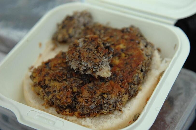 &bdquo;Hamburger&ldquo; &ndash; Frikadelle aus kleingehackten Kakerlaken und Mehlwürmern.