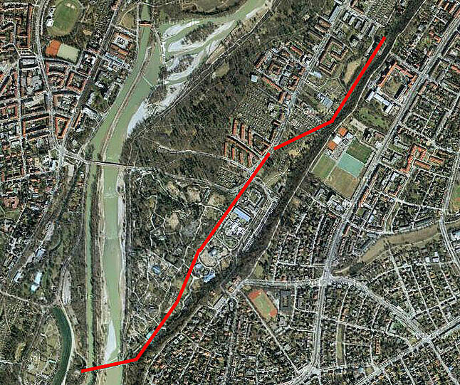 Von der Marienklausenbrücke (unten links) trieb Bozo B. durch den Tierpark bis zur Kraemer&rsquo;schen Kunstmühle