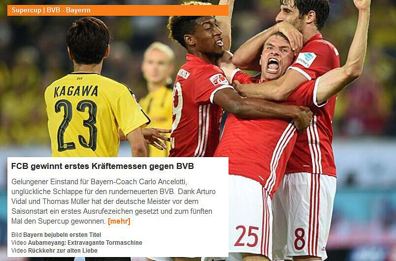 Für "ZDFSport" steht der Aspekt des ersten Kräftemessens der Saison zwischen den Meisterschaftsfavoriten vom FC Bayern und Borussia Dortmund im Fokus. Erster Sieger: Der Rekordmeister aus München.