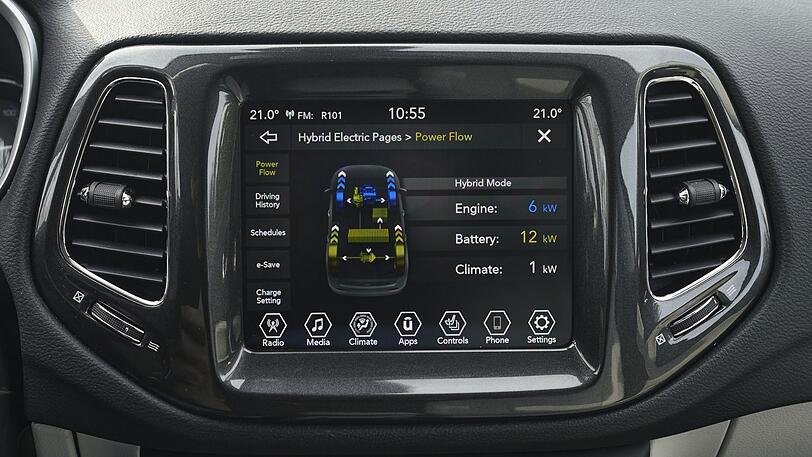 Auf dem Touchscreen des Jeep Renegade 4xe lässt sich der Energiefluss grafisch darstellen.