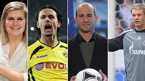 Sie alle haben schon den Preis für den besten Fußballspruch des Jahres gewonnen: Imke Wübbenhorst, Neven Subotic, Mehmet Scholl und Manuel Neueer (v.l.n.r.)