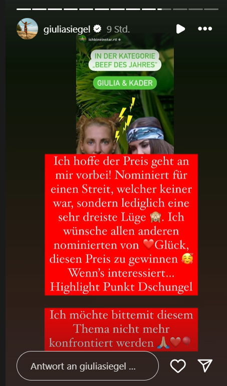 Giulia Siegel ist für einen RTL-Reality-Award nominiert. Davon ist sie nicht begeistert. Giulia Siegel ist für einen RTL-Reality-Award nominiert. Davon ist sie nicht begeistert.