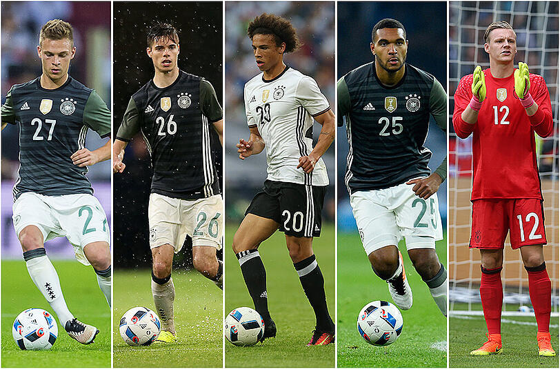 Die Bubis: Joshua Kimmich, Julian Weigl, Leroy Sané, Jonathan Tah und Bernd Leno (v.l.).