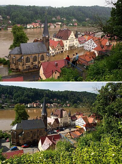 Hier sehen Sie die durch das Hochwasser der Elbe überflutete Stadt Wehlen in Sachsen.