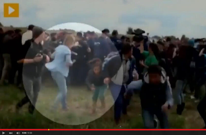Unglaubliche Szenen an der ungarischen Grenze: Eine Kamerafrau des ausländerfeindlichen Senders N1TV tritt nach Flüchtlingen. Unten sehen Sie die Aktion im Video.