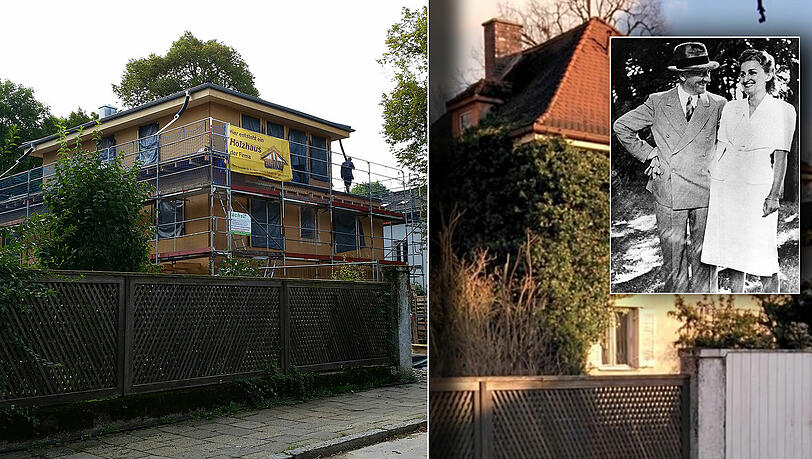 Links: Heute zeugt nichts mehr von der dunklen Vergangenheit des Ortes. Ein neues Haus entsteht. Rechts: Das Haus, das Hitler für 30 000 Reichsmark für seine Geliebte kaufen ließ. Kleines Bild: Adolf Hitler mit der 23 Jahre jüngeren Eva Braun. Links: Heute zeugt nichts mehr von der dunklen Vergangenheit des Ortes. Ein neues Haus entsteht. Rechts: Das Haus, das Hitler für 30 000 Reichsmark für seine Geliebte kaufen ließ. Kleines Bild: Adolf Hitler mit der 23 Jahre jüngeren Eva Braun.