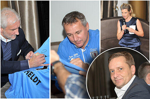 Relaxen nach dem Benefizspiel für Olaf Bodden: Rudi Völler, Peter Pacult und Horst Heldt schreiben Autogramme. Isabella Müller-Reinhardt moderierte den Abend.