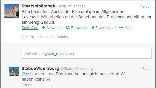 "Wir arbeiten an der Behebung des Problems" twittert die Stabi zum Ausfall der Klimaanlage. "Wir arbeiten an der Behebung des Problems" twittert die Stabi zum Ausfall der Klimaanlage.