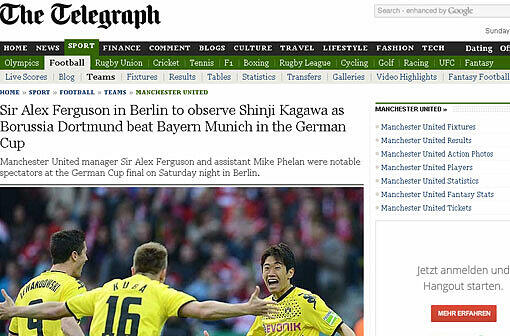 Sir Alex Ferguson, Manager von Manchester United, ist nach Berlin gekommen, um Dortmunds Shinji Kagawa beim Spielen zuzusehen, während der BVB die Bayern schlägt - so schreibt der "Telegraph".