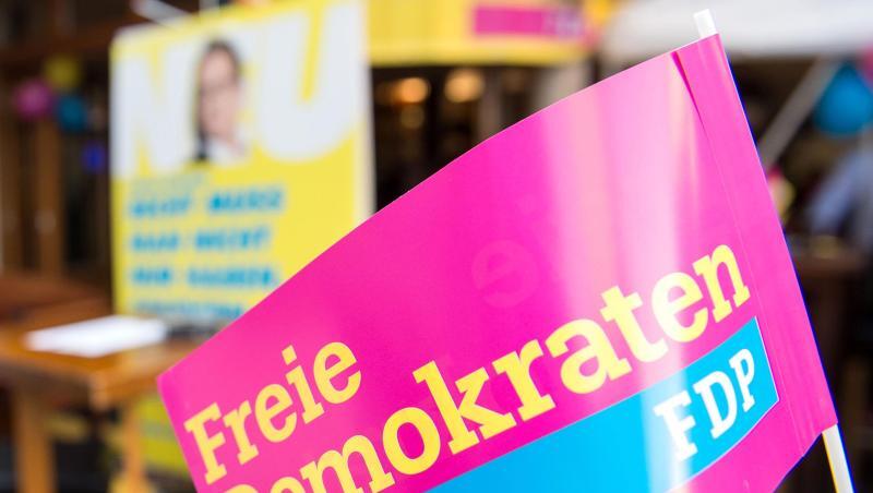 Ein Fähnchen mit der Aufschrift "Freie Demokraten FDP". Foto: Silas Stein/Archiv