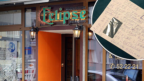 Ein beleidigender Brief (klein, oben) hängt am ersten Januar am israelischen Restaurant Eclipse in der Heßstraße.