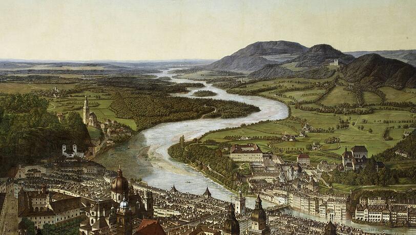 Salzburg vor 200 Jahren: Viele Details kann man heute noch nachvollziehen, Johann Michael Sattler war schließlich ein bestens ausgebildeter Landschaftsmaler. Zwischen 1825 und 1829 hat er an seinem Rundgemälde gearbeitet - auf der Abbildung geht der Blick über das Salzachtal nach Norden. Mit seinem Panorama zog Sattler durch ganz Europa, das war im 19. Jahrhundert die perfekte Tourismus-Werbung. Jetzt ist das Bild in der Orangerie zu studieren. Salzburg vor 200 Jahren: Viele Details kann man heute noch nachvollziehen, Johann Michael Sattler war schließlich ein bestens ausgebildeter Landschaftsmaler. Zwischen 1825 und 1829 hat er an seinem Rundgemälde gearbeitet - auf der Abbildung geht der Blick über das Salzachtal nach Norden. Mit seinem Panorama zog Sattler durch ganz Europa, das war im 19. Jahrhundert die perfekte Tourismus-Werbung. Jetzt ist das Bild in der Orangerie zu studieren.
