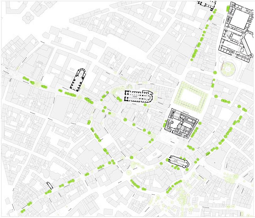 Die dunkelgrünen Kreise zeigen die Standorte, wo ein Baum hin soll. Zum Beispiel: in die Sendlinger Straße und neben das Rathaus. Die dunkelgrünen Kreise zeigen die Standorte, wo ein Baum hin soll. Zum Beispiel: in die Sendlinger Straße und neben das Rathaus.