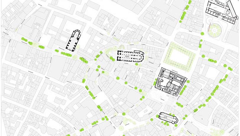 Die dunkelgrünen Kreise zeigen die Standorte, wo ein Baum hin soll. Zum Beispiel: in die Sendlinger Straße und neben das Rathaus. Die dunkelgrünen Kreise zeigen die Standorte, wo ein Baum hin soll. Zum Beispiel: in die Sendlinger Straße und neben das Rathaus.