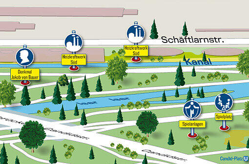 Am Heizkraftwerk: Jakob von Bauer hat die Parkanlagen geschaffen, ihm ist am linken Flussufer ein Denkmal gebaut worden. Auf der anderen Flusseite finden Kinder einen Spielplatz.