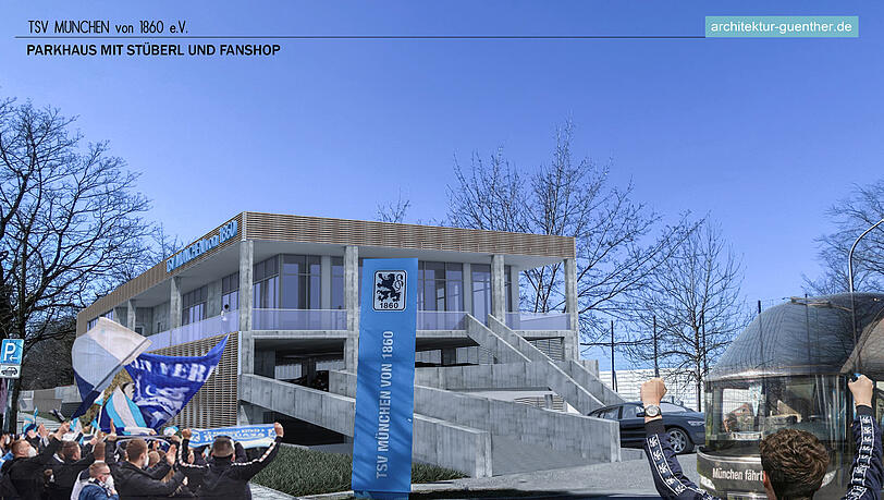 Gleich an der Grünwalder Straße sollen Parkdeck und Fanshop entstehen.