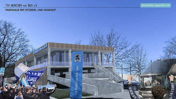 Gleich an der Grünwalder Straße sollen Parkdeck und Fanshop entstehen.