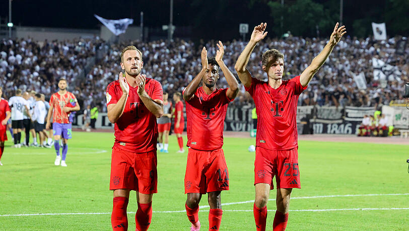 Die drei Torschützen gegen Ulm: Harry Kane, Kingsley Coman und Doppelpacker Thomas Müller (v.l.).