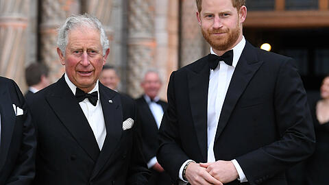 K&ouml;nig Charles (li.) traf im Highgrove House auf seinen Sohn Harry (re.) und dessen Familie.