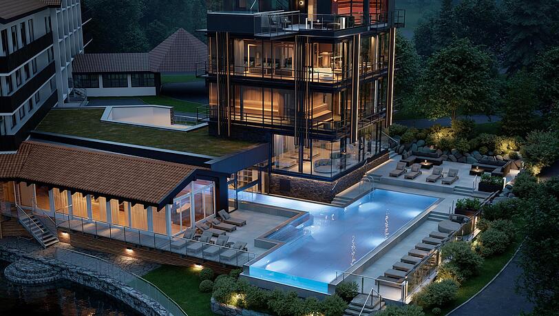 Ein gläserner Spa-Turm und ein beheizter Außenpool: So soll die Erweiterung des Eibsee-Hotels aussehen, wenn sie fertig ist. Ein gläserner Spa-Turm und ein beheizter Außenpool: So soll die Erweiterung des Eibsee-Hotels aussehen, wenn sie fertig ist.