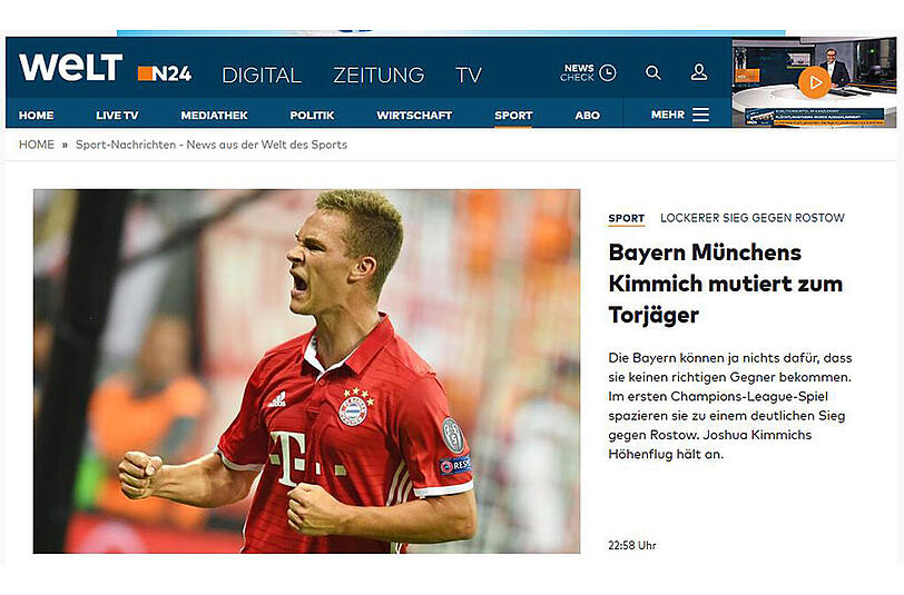 Laut den Kollegen von "Welt.de", erlebt man beim 5:0-Sieg des FC Bayern gegen Rostow die Verwandlung von Joshua Kimmich zum Torjäger.
