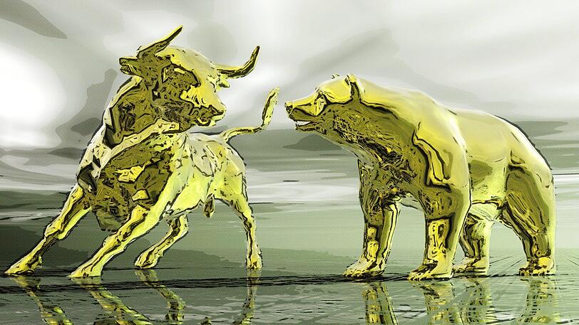 Der Bulle verjagt den Bären: Das heißt, dass an der Börse die Kurse steigen und die Anleger sich freuen.