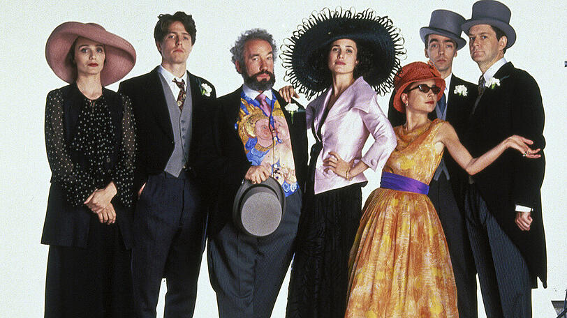 Der Cast von "Vier Hochzeiten und ein Todesfall": Kristin Scott Thomas, Hugh Grant, Simon Callow, Andie MacDowell, Charlotte Coleman, John Hannah und James Fleet (v.l.n.r.).