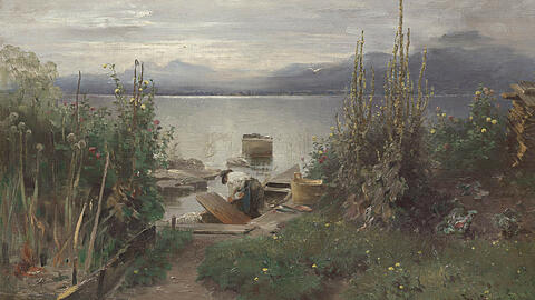 Das Gemälde "Fischerboote bei Frauenchiemsee" von Joseph Wopfner (1884, Öl auf Leinwand).