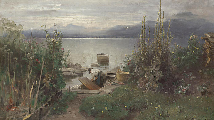 Das Gemälde "Fischerboote bei Frauenchiemsee" von Joseph Wopfner (1884, Öl auf Leinwand).
