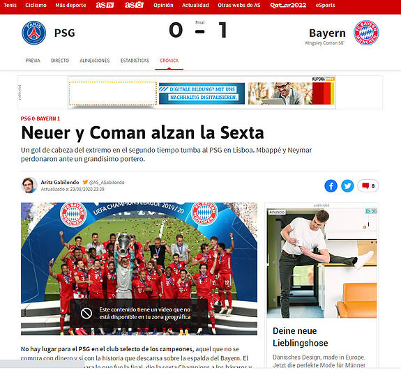 Die spanische "AS" schreibt: "Neuer und Coman holen den Sechsten" (Europapokalsieg für den FC Bayern, d.Red.)