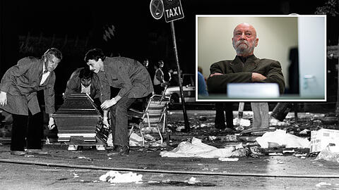 Der Eingang zur Wiesn am 26. September 1980 nach dem Bombenanschlag. Kleines Bild: Karl-Heinz Hoffmann, Gründer der &bdquo;Wehrsportgruppe&ldquo;