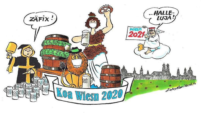 Das ist das Krug-Motiv, mit dem Zeichner Dieter Hanitzsch die Wiesn-Absage ins Bild gesetzt hat. Aloisius (rechts) freut sich schon auf 2021.