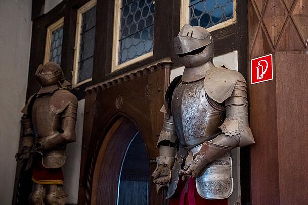 Ritterrüstungen im Schloss Mainberg. Das 1540 erbaute Schloss steht zum Verkauf und soll 3,25 Millionen Euro kosten. Ritterrüstungen im Schloss Mainberg. Das 1540 erbaute Schloss steht zum Verkauf und soll 3,25 Millionen Euro kosten.