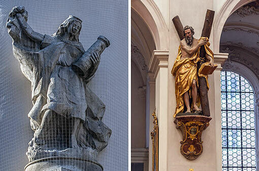 Die Heilige Barbara an der Ecke Wein-/Liebfrauenstraße (links) und die schöne Statue des Heiligen Andreas im Alten Peter.