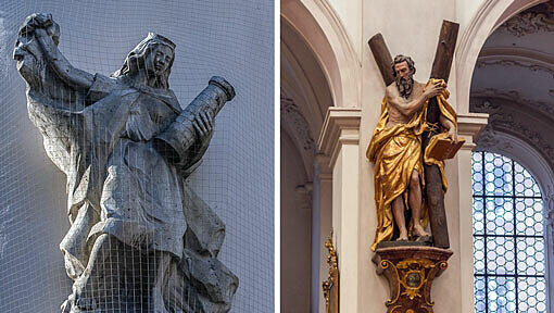 Die Heilige Barbara an der Ecke Wein-/Liebfrauenstraße (links) und die schöne Statue des Heiligen Andreas im Alten Peter.