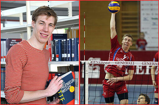 Die zwei Welten des Max Günthör: Als Student der &bdquo;Produktion und Automatisierung&ldquo; büffelt er an der Universität (l.), im Hauptberuf schlägt er den Volleyballern von Generali Haching (r.) Bälle übers Netz.