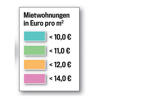 Von rosa bis grün: 14 Euro pro Quadratmeter Mietpreis zahlen die Münchner in den teuersten Vierteln, zehn Euro pro Quadratmeter gibt's fast nur am Stadtrand. Nach diesem Schema ist unsere Grafik eingefärbt.