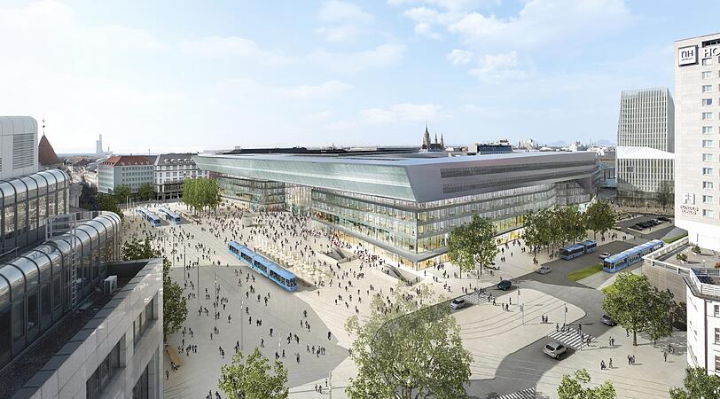 Vom Elisenhof aus gesehen: vorne der Vorplatz, rechts das Hochhaus.