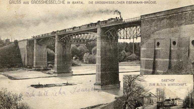Auf der Postkarte ist das damals neue Stauwehr Großhesselohe mit Werkkanal zu sehen.