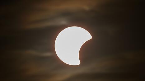 Der Beginn einer partiellen Sonnenfinsternis ist am Himmel &uuml;ber Dresden zu sehen.