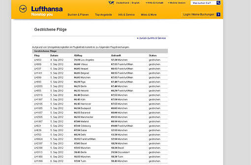 Auf der Lufthansa- Website wurde eine Liste mit den gestrichenen Flügen veröffentlicht.