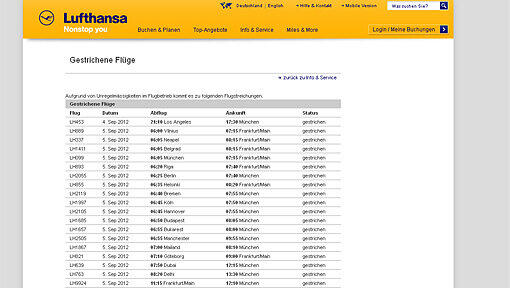 Auf der Lufthansa- Website wurde eine Liste mit den gestrichenen Flügen veröffentlicht. Auf der Lufthansa- Website wurde eine Liste mit den gestrichenen Flügen veröffentlicht.