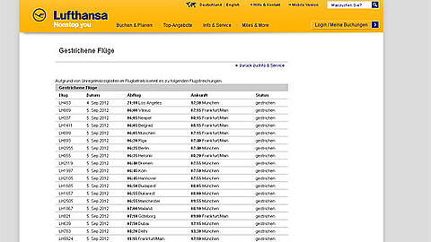 Auf der Lufthansa- Website wurde eine Liste mit den gestrichenen Flügen veröffentlicht.
