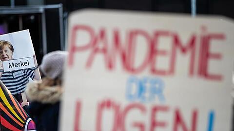 "Pandemie der Lügen!" steht auf dem Schild eines Teilnehmers geschrieben.