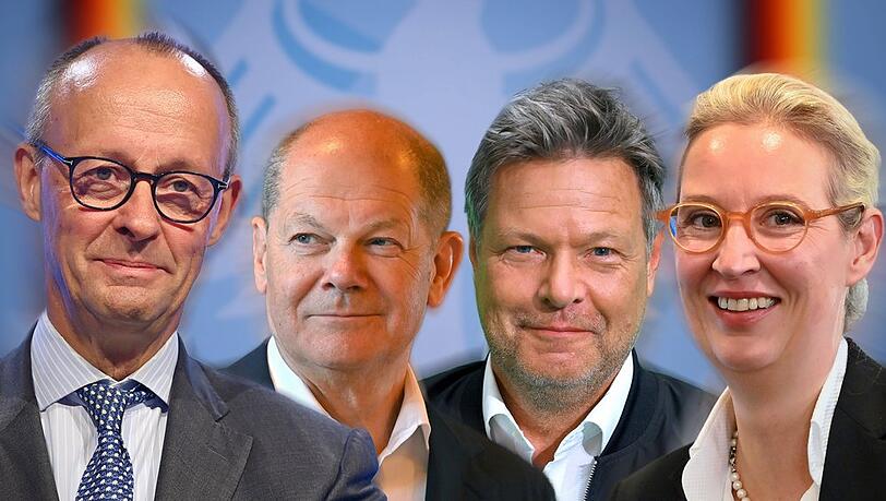 Wer führt Deutschland ab kommendem Jahr als Kanzler an? Friedrich Merz, Olaf Scholz, Robert Habeck oder gar Alice Weidel? (v.l.n.r.)